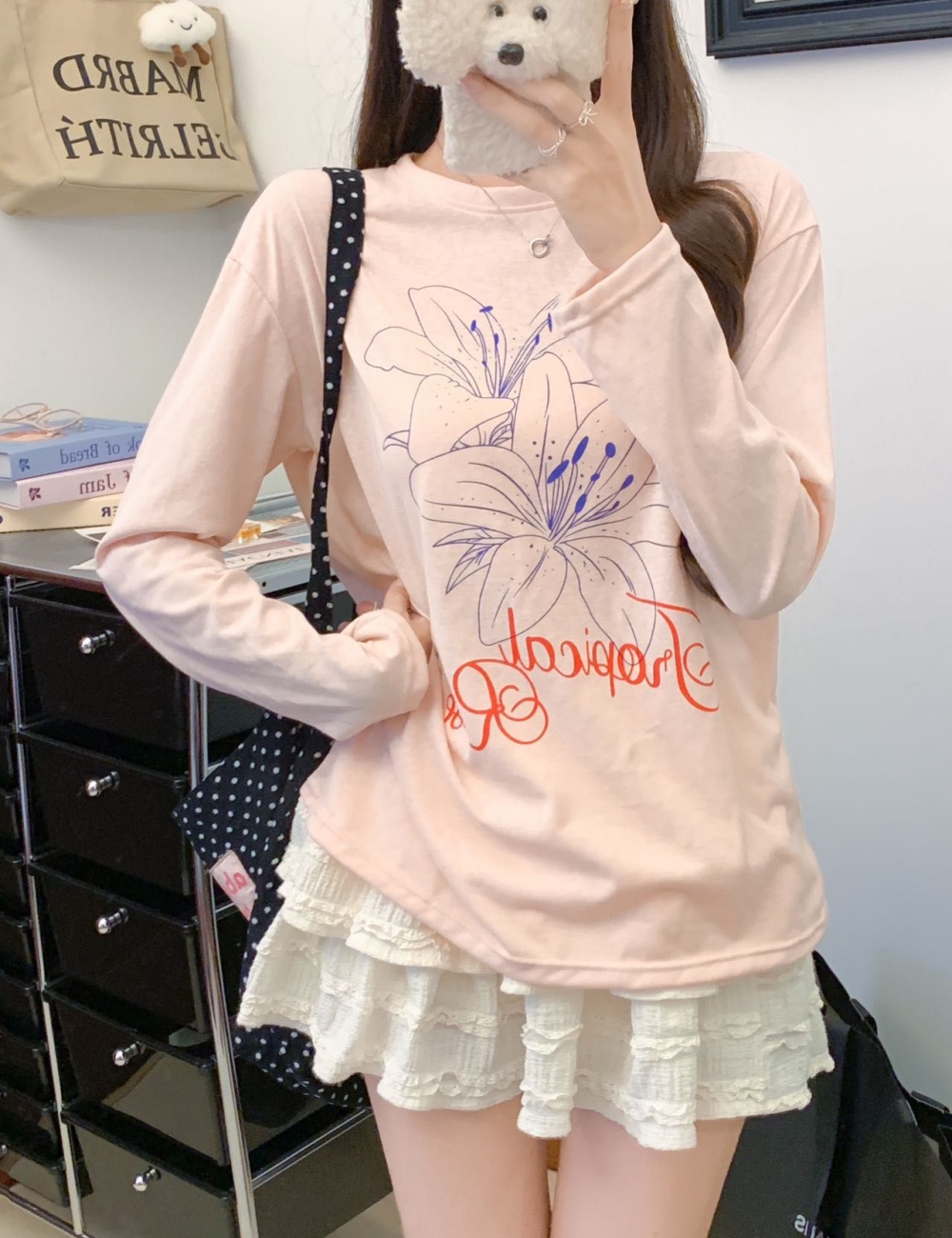 Lazy flowers tops all-match letters smock for women
