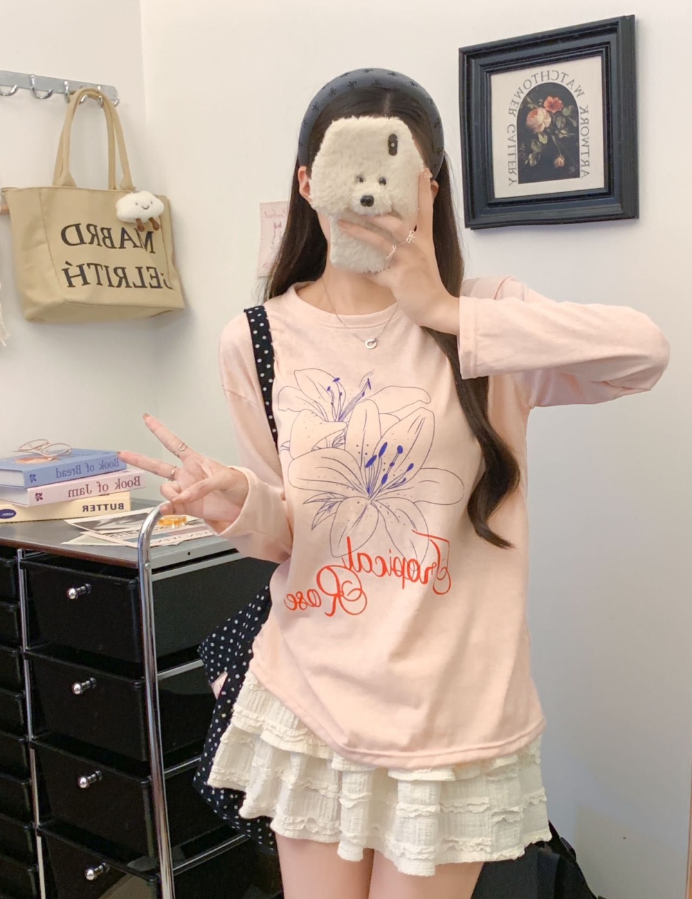 Lazy flowers tops all-match letters smock for women