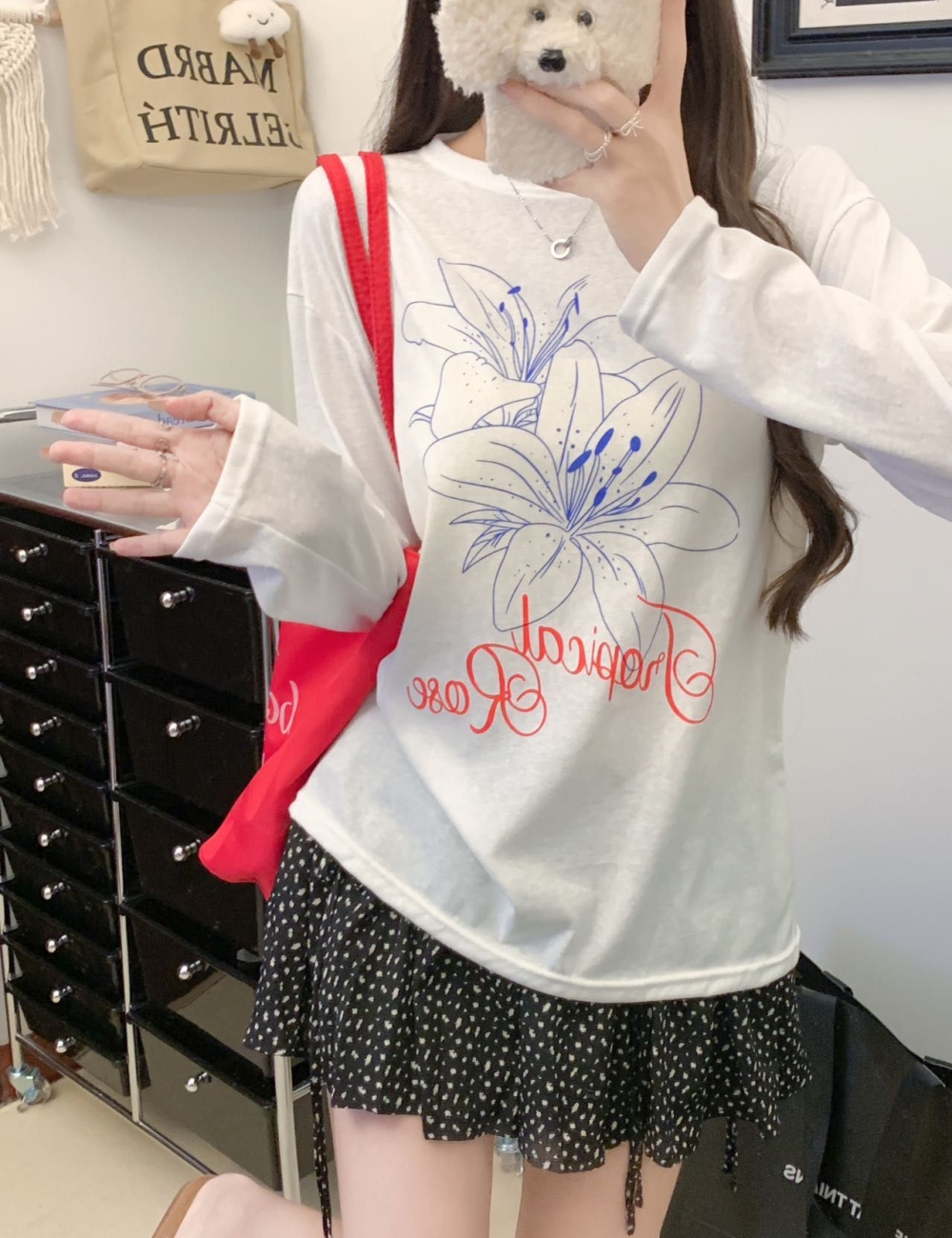 Lazy flowers tops all-match letters smock for women