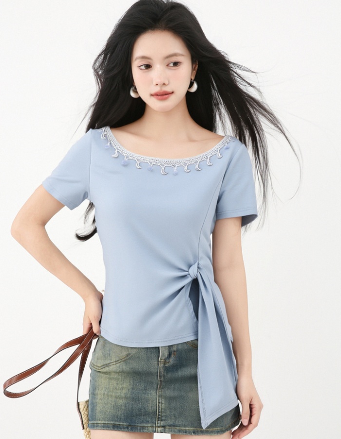 Slim bandage tops pinched waist all-match T-shirt for women