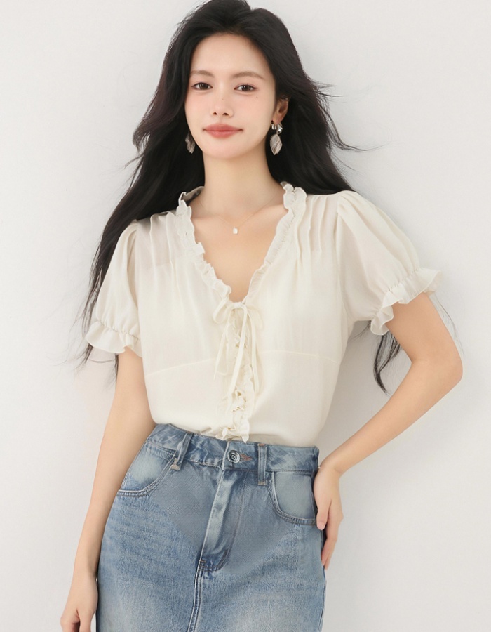 Bandage loose tops V-neck wood ear shirt for women