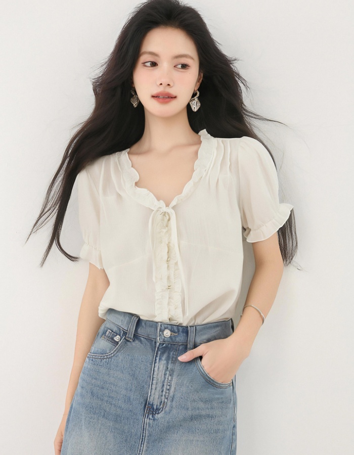 Bandage loose tops V-neck wood ear shirt for women