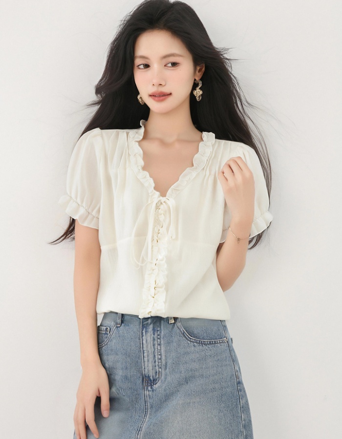 Bandage loose tops V-neck wood ear shirt for women