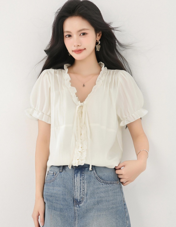 Bandage loose tops V-neck wood ear shirt for women