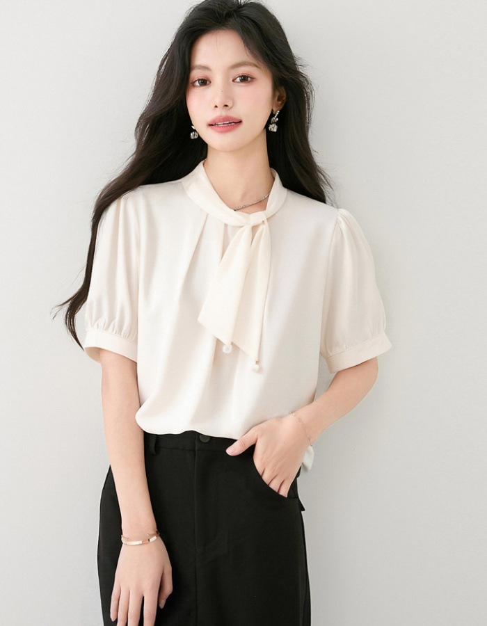 Summer short sleeve tops bow loose shirt for women