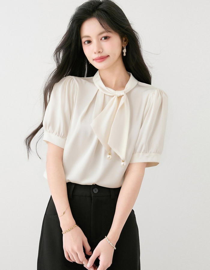 Summer short sleeve tops bow loose shirt for women