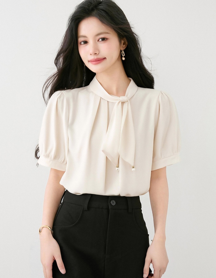 Summer short sleeve tops bow loose shirt for women