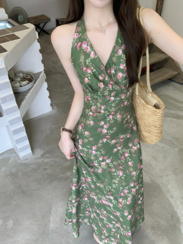 Floral green temperament dress halter bandage sleeveless vest