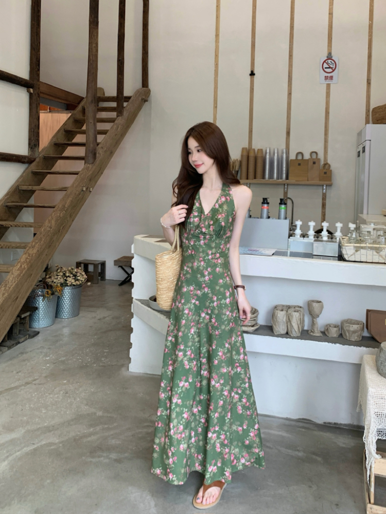 Floral green temperament dress halter bandage sleeveless vest