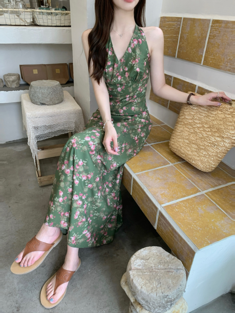 Floral green temperament dress halter bandage sleeveless vest