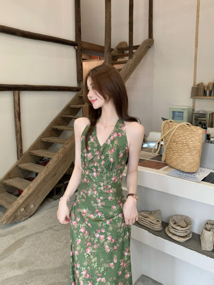 Floral green temperament dress halter bandage sleeveless vest
