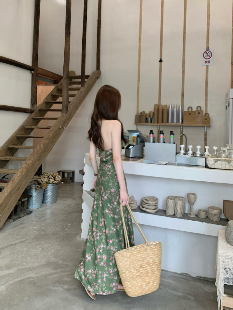 Floral green temperament dress halter bandage sleeveless vest