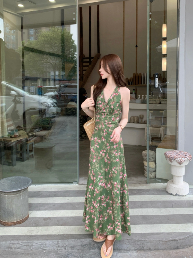 Floral green temperament dress halter bandage sleeveless vest