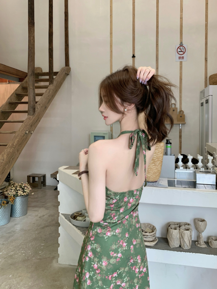 Floral green temperament dress halter bandage sleeveless vest