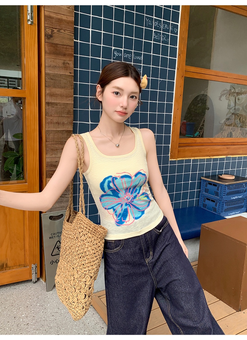 Sling printing retro vest sleeveless slim tops for women