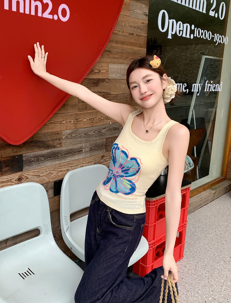 Sling printing retro vest sleeveless slim tops for women