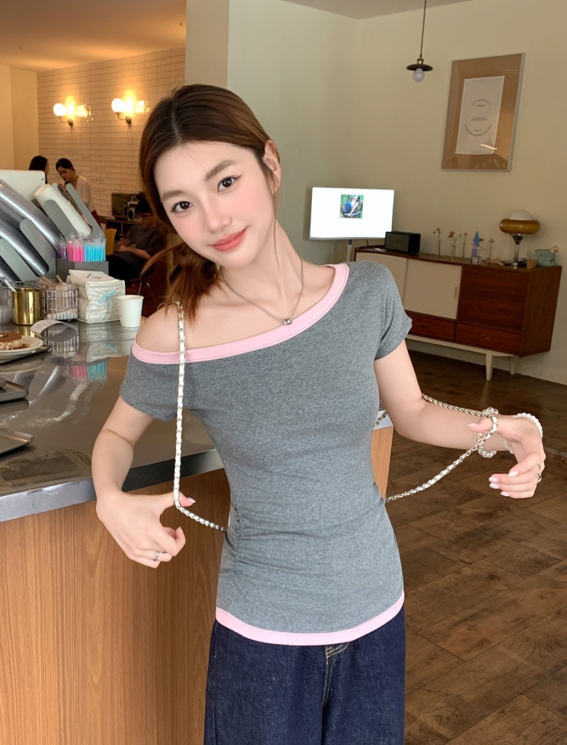 Oblique collar tops gray T-shirt for women