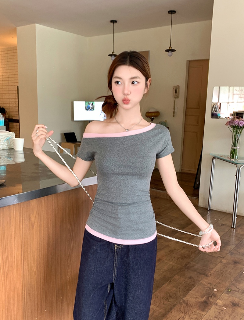 Oblique collar tops gray T-shirt for women