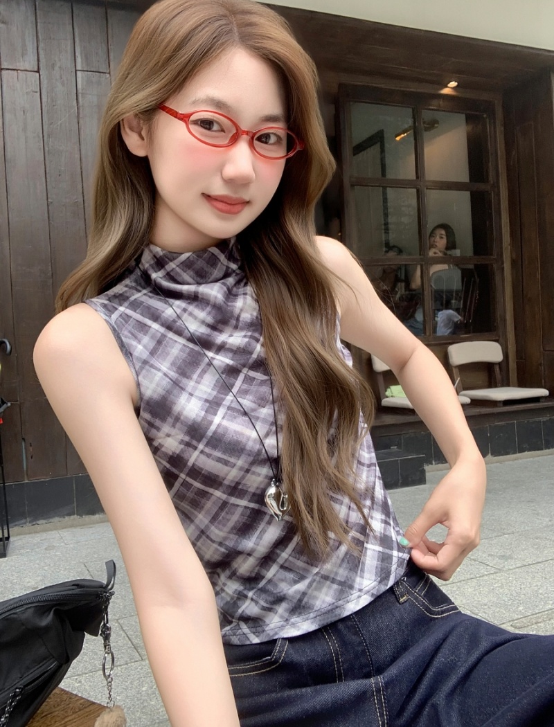 Sleeveless half high collar tops plaid spicegirl vest