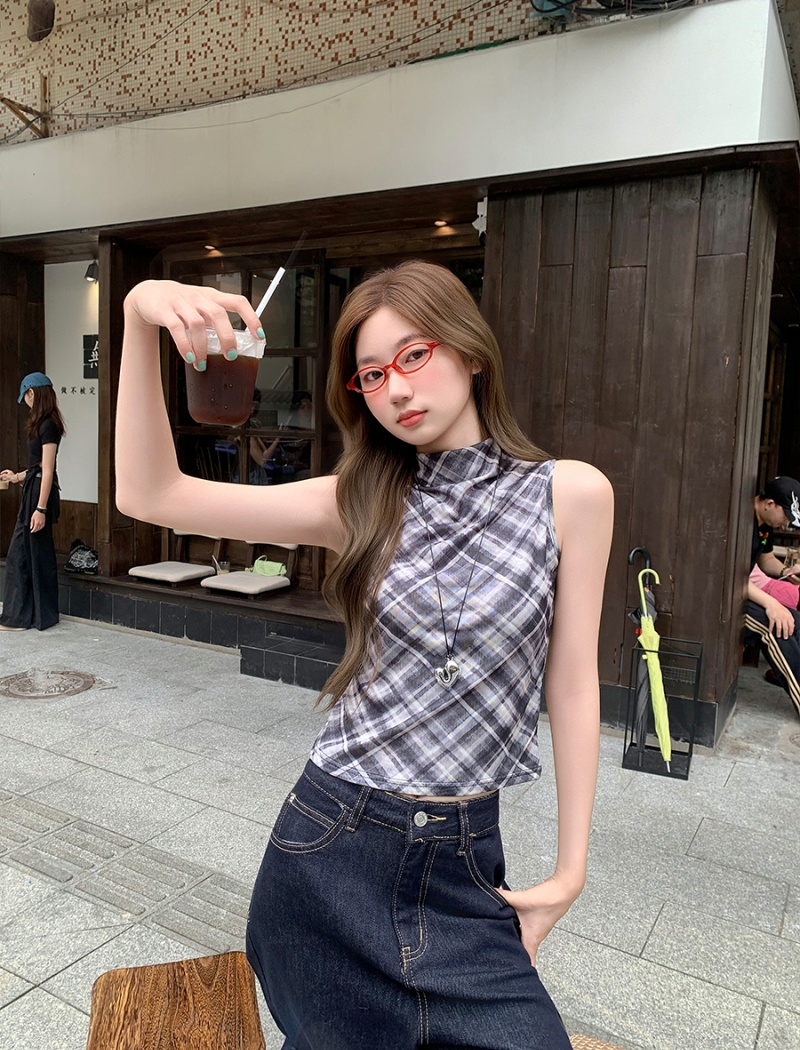 Sleeveless half high collar tops plaid spicegirl vest