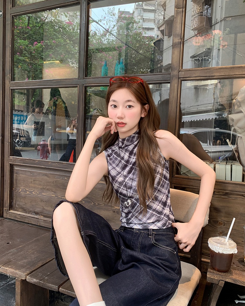 Sleeveless half high collar tops plaid spicegirl vest