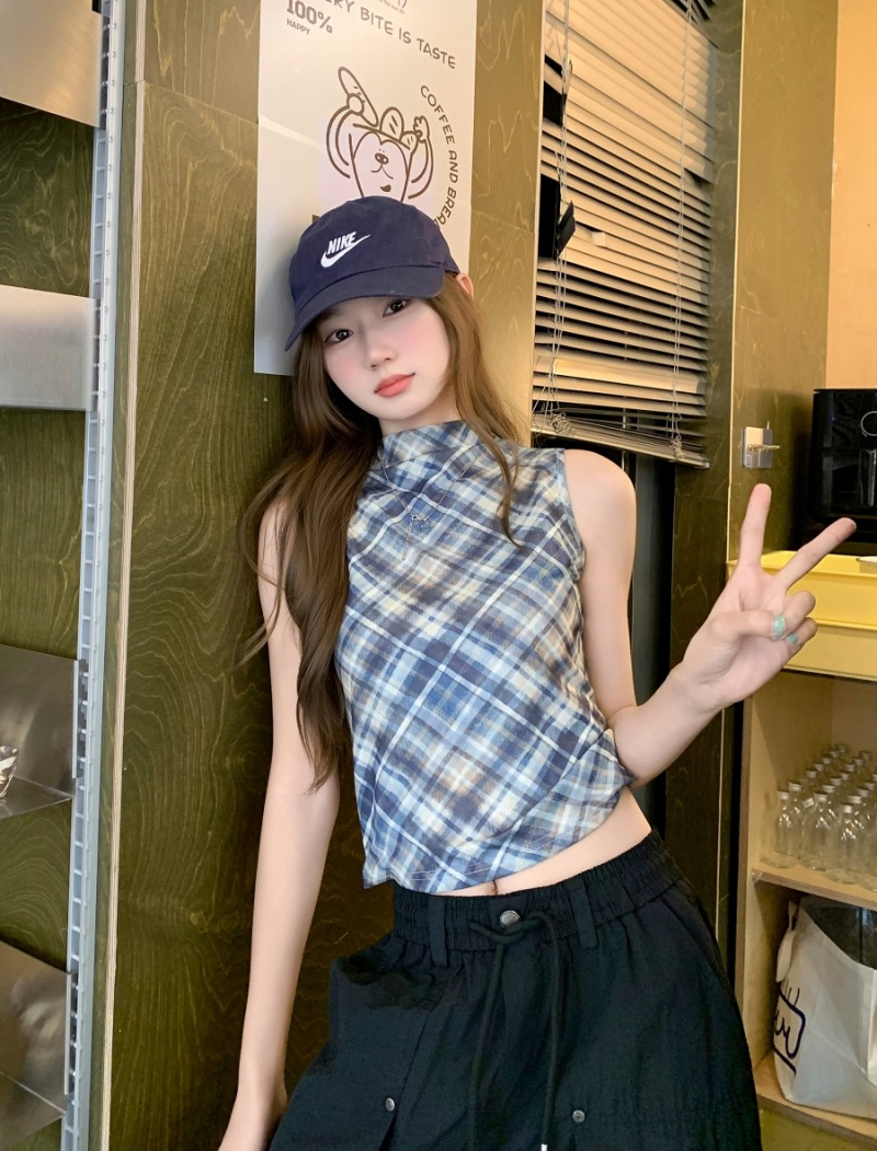 Sleeveless half high collar tops plaid spicegirl vest