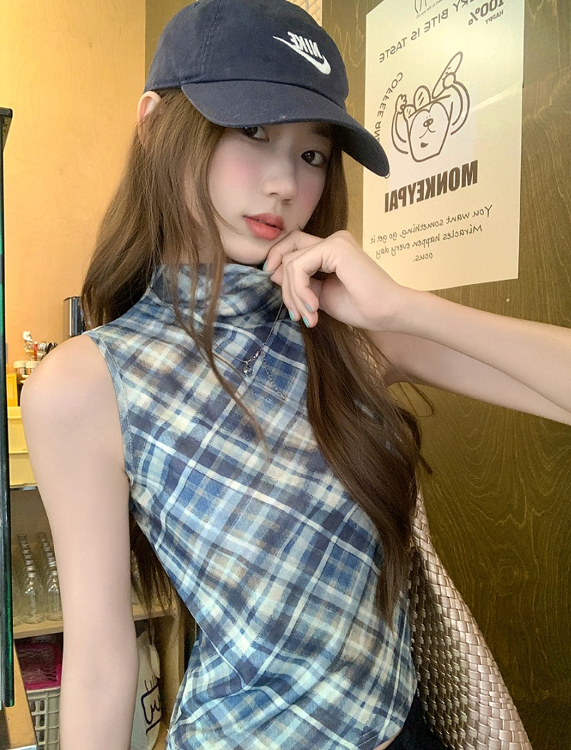 Sleeveless half high collar tops plaid spicegirl vest
