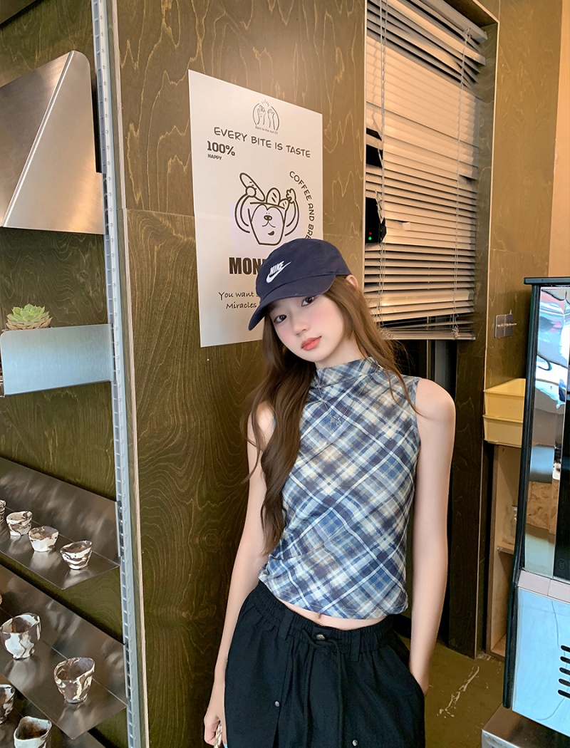 Sleeveless half high collar tops plaid spicegirl vest
