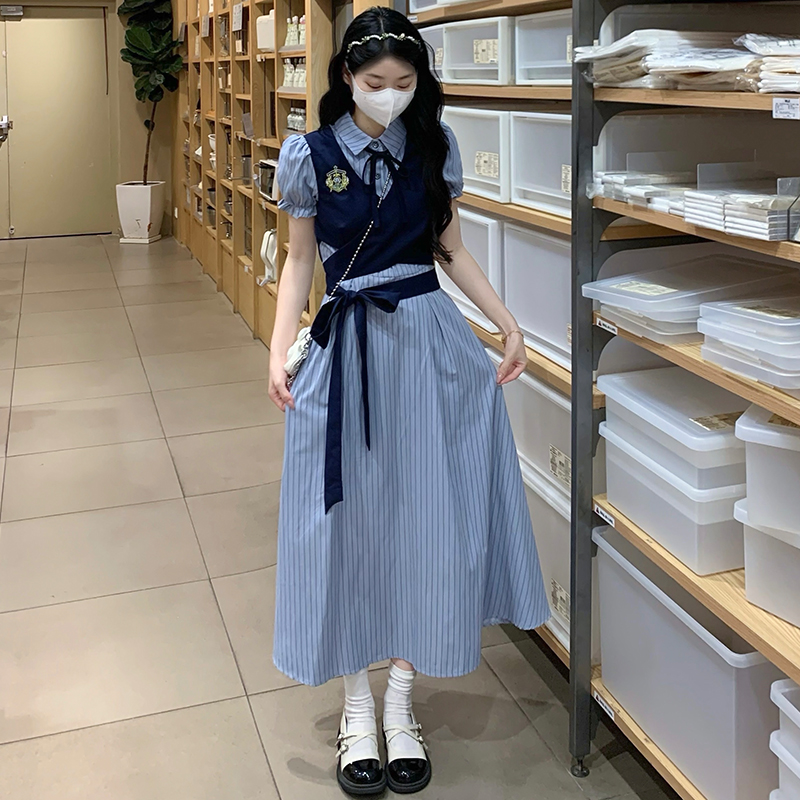 Frenum Pseudo-two stripe dress splice college style long dress