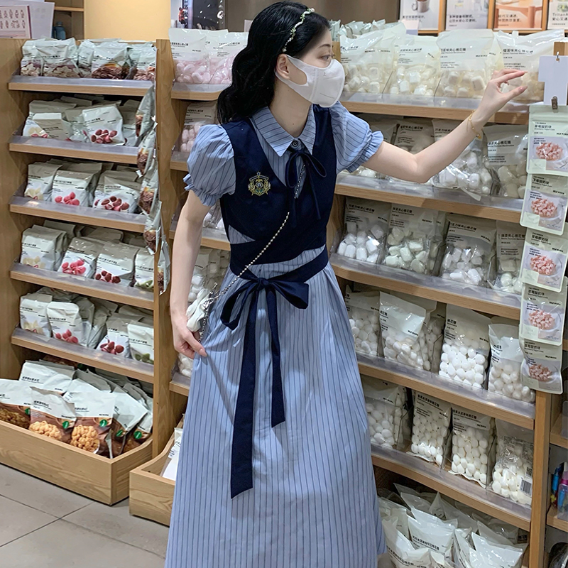 Frenum Pseudo-two stripe dress splice college style long dress