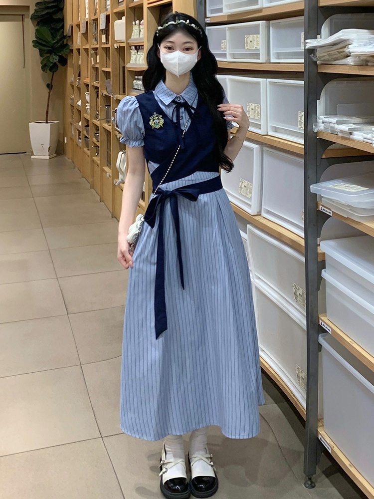 Frenum Pseudo-two stripe dress splice college style long dress
