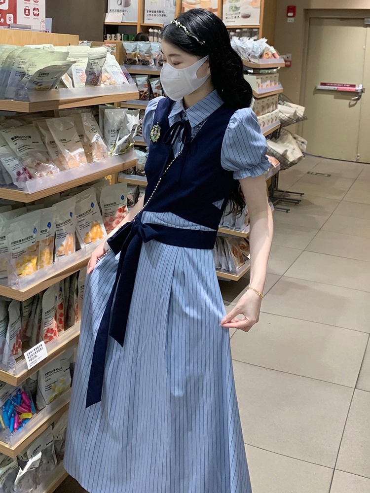 Frenum Pseudo-two stripe dress splice college style long dress