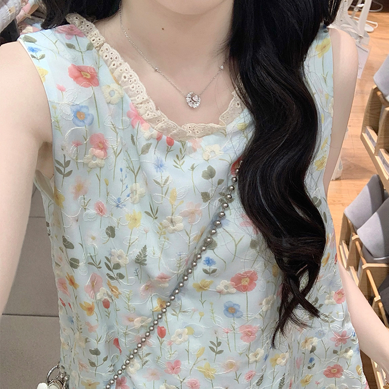 Splice sleeveless long dress floral embroidery dress
