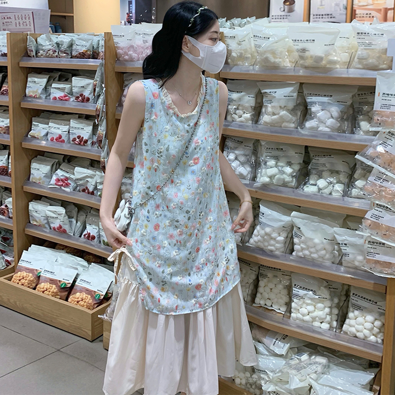 Splice sleeveless long dress floral embroidery dress