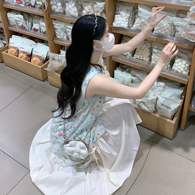 Splice sleeveless long dress floral embroidery dress