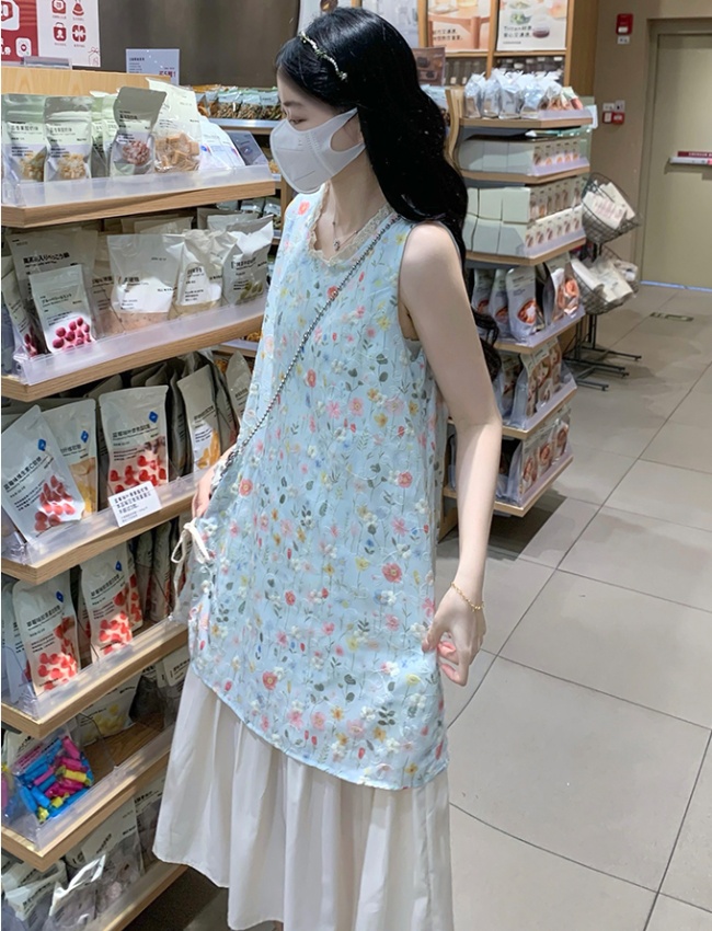 Splice sleeveless long dress floral embroidery dress