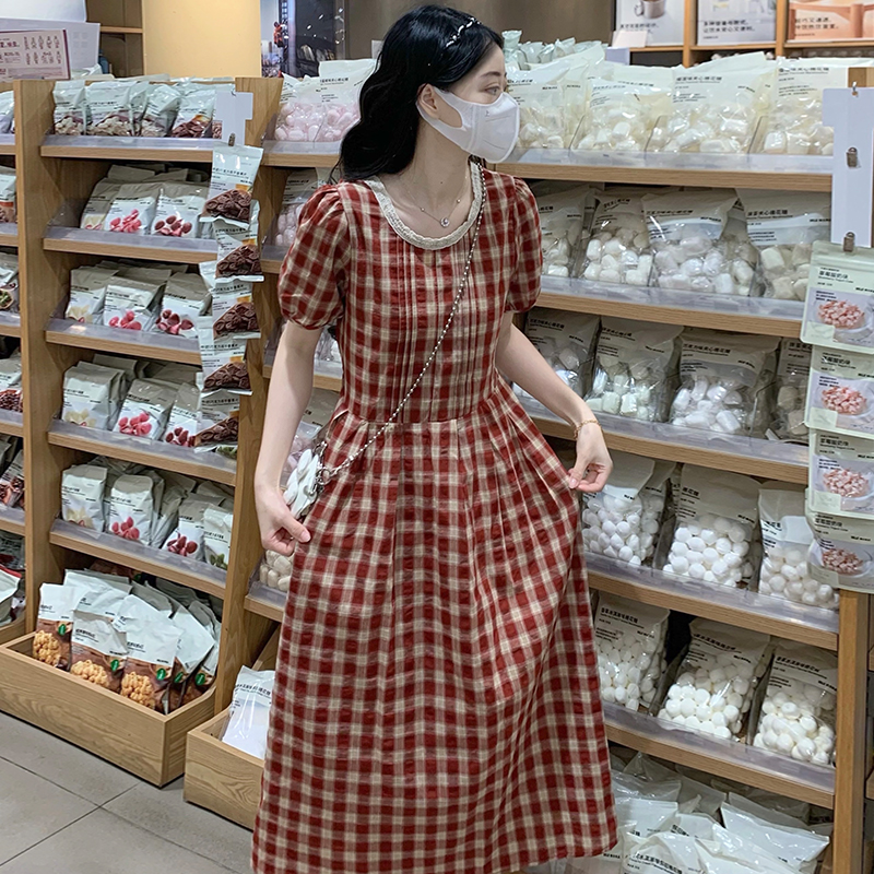Red cell pattern loose dress slim lace long dress