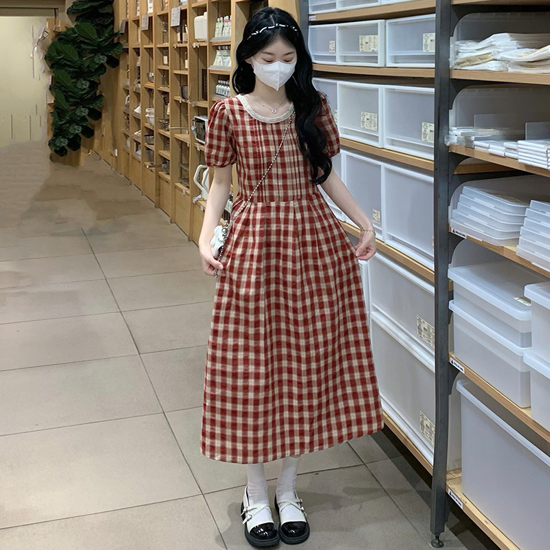 Red cell pattern loose dress slim lace long dress