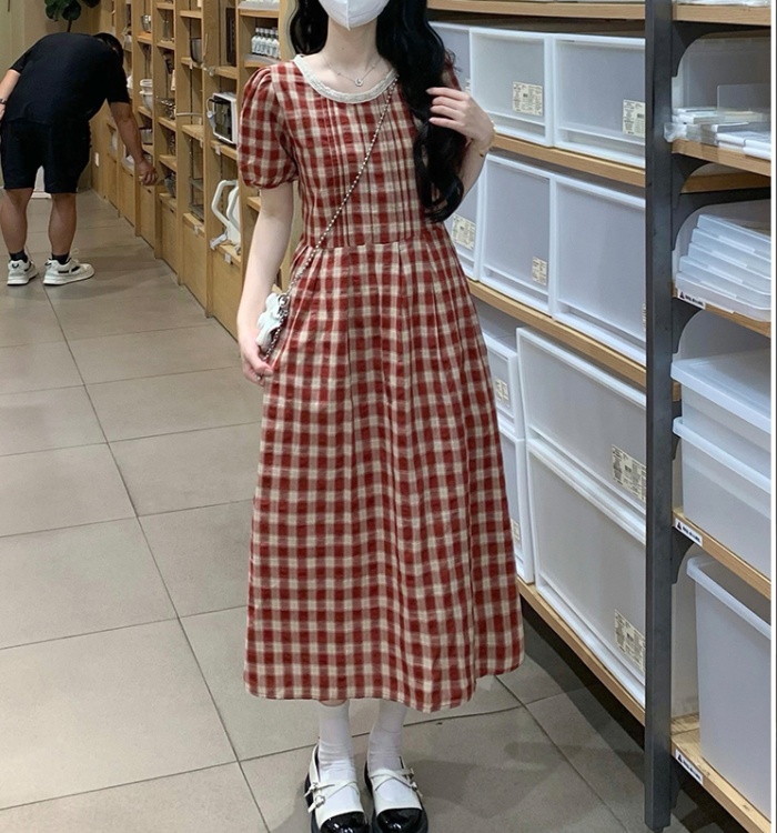 Red cell pattern loose dress slim lace long dress
