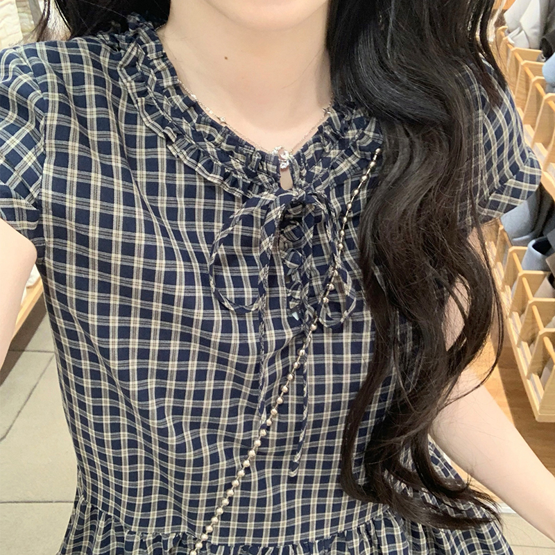 Long short sleeve plaid loose retro dress