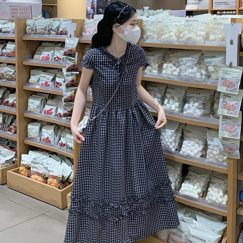 Long short sleeve plaid loose retro dress