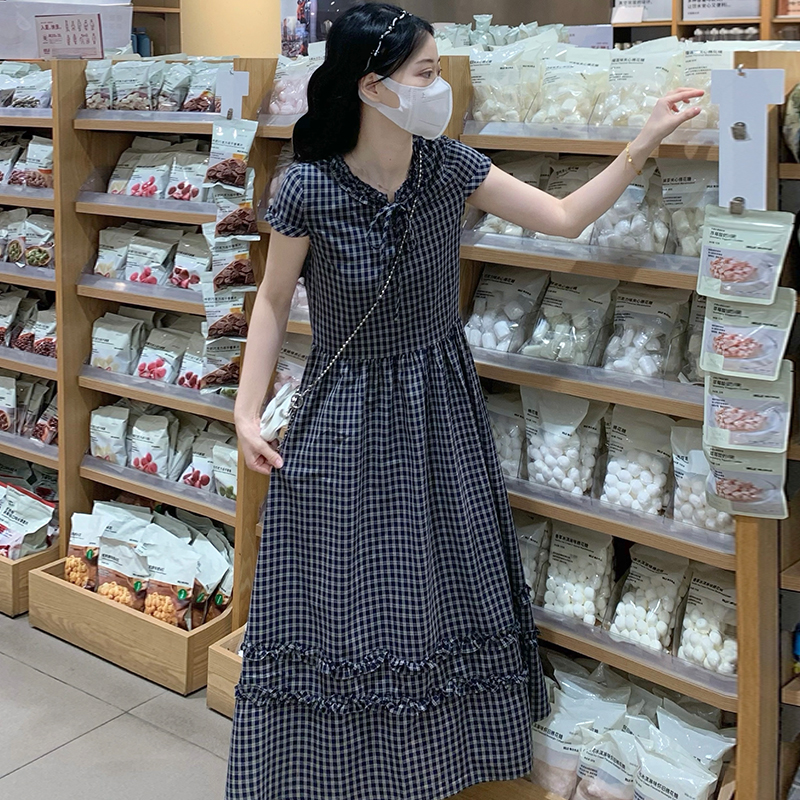 Long short sleeve plaid loose retro dress