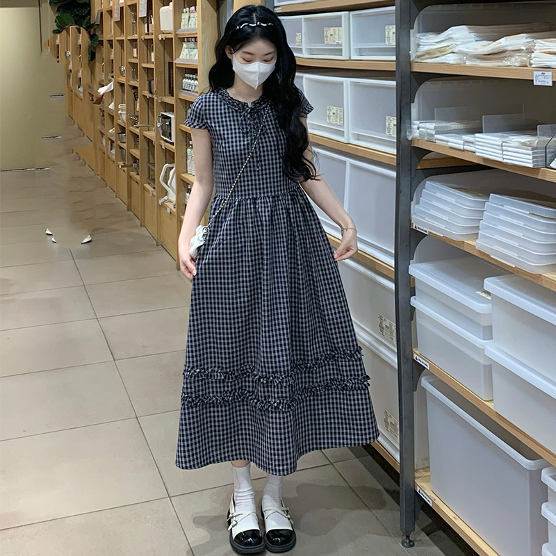 Long short sleeve plaid loose retro dress