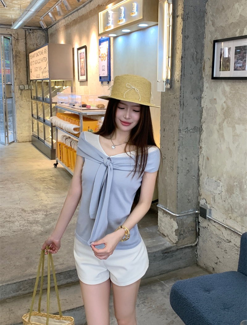 Temperament slim tops flat shoulder T-shirt for women