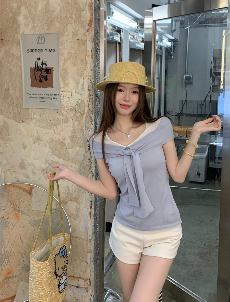 Temperament slim tops flat shoulder T-shirt for women