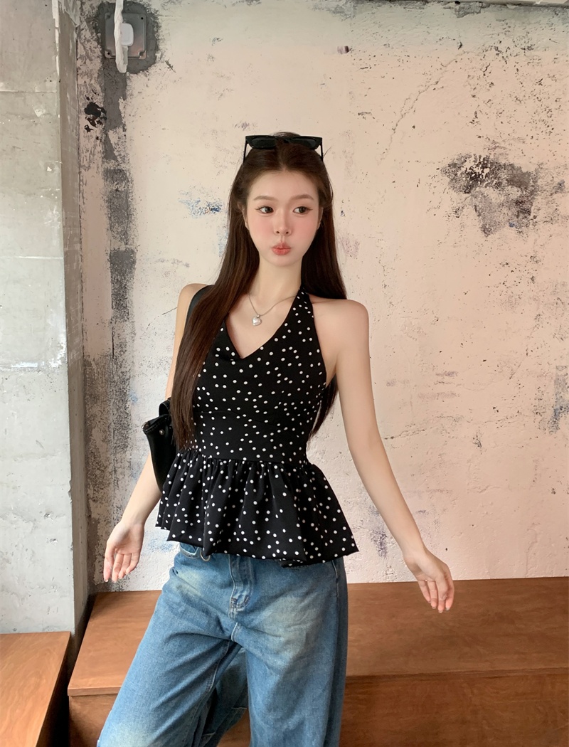 Bandage polka dot sling tops temperament V-neck bud vest