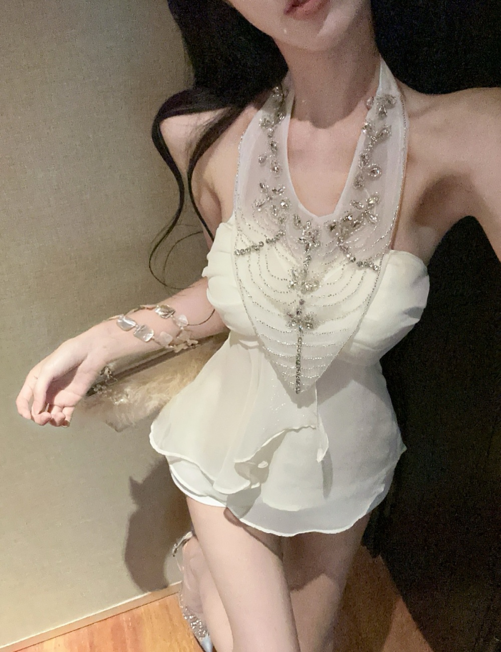 Splice gauze sling rhinestone halter France style tops