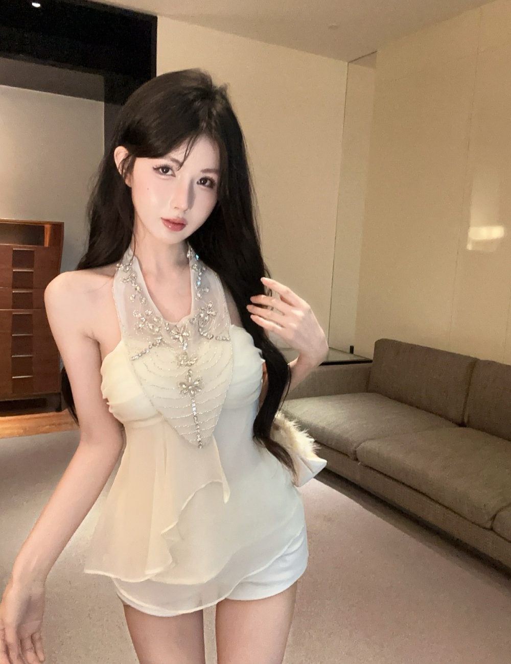 Splice gauze sling rhinestone halter France style tops