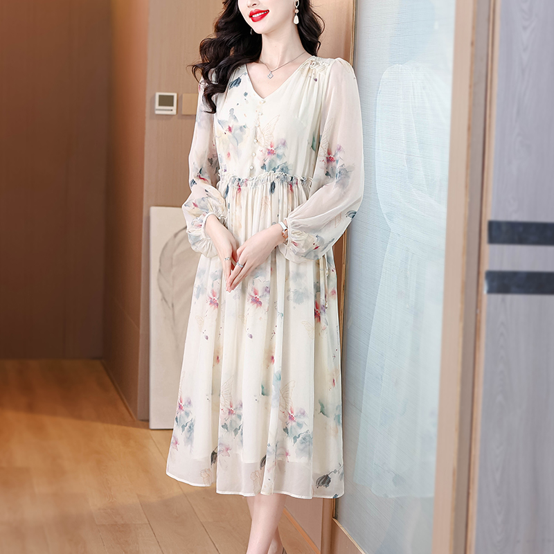 France style floral silk show young real silk summer dress