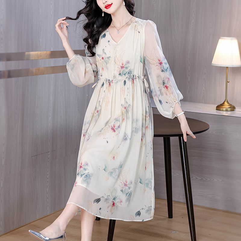France style floral silk show young real silk summer dress